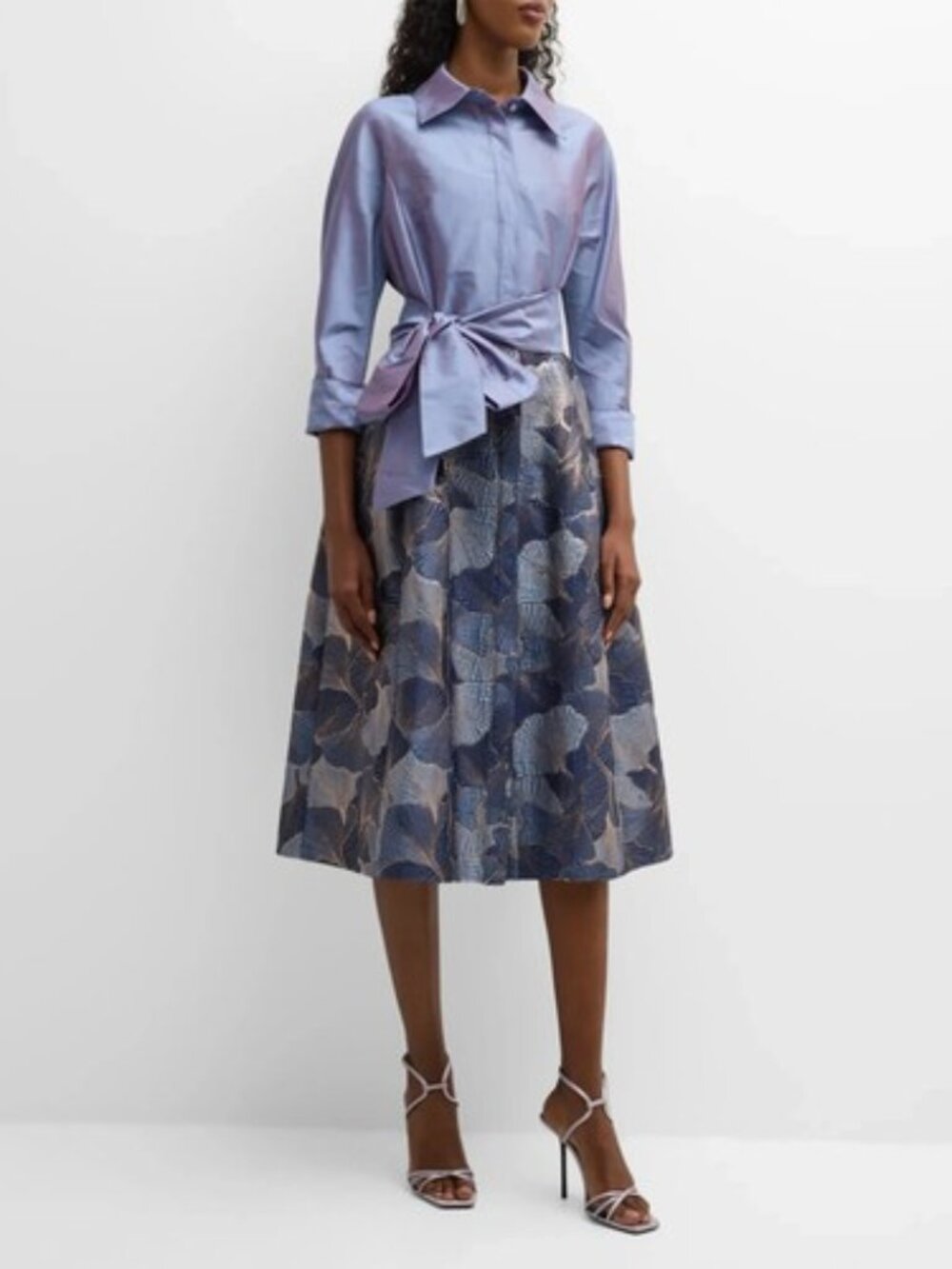 RickieFreeman for TerriJon  Vintage Taffeta&Metallic Floral MidiShirtdress Sz 16